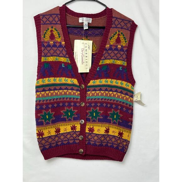 NWT Cambridge Dry Goods Womens Size Med Maroon/Yellow Fall Print Sleeveless Vest - Picture 1 of 9
